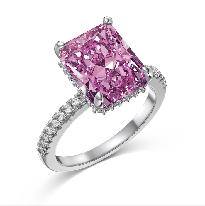Orchid Pink Radiant Halo Ring in Sterling Silver